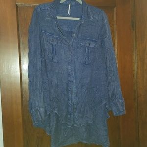 Silky blue flowy button up Free People